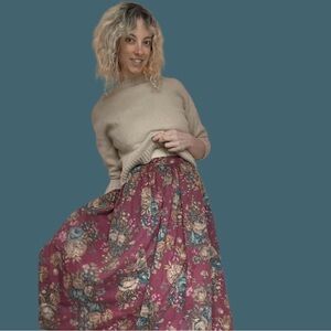 Vintage Avon Floral Maxi Skirt in Wine with Blue and Cream Accents